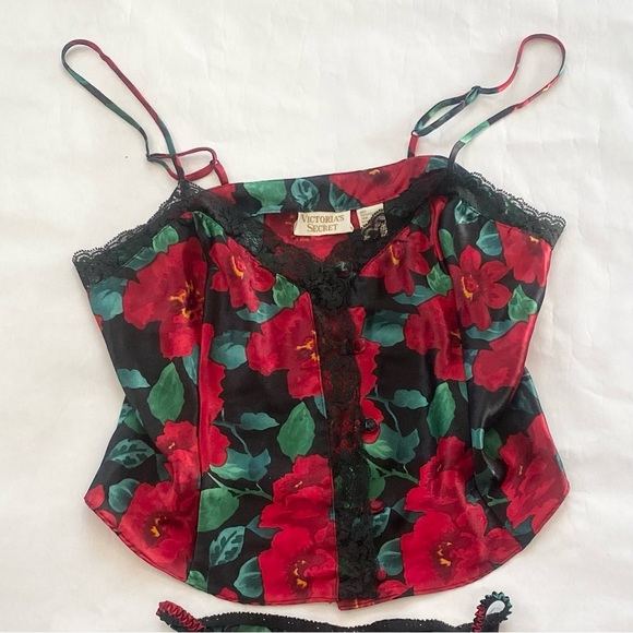 Victoria's Secret Tops - 90s Victoria’s Secret Silky Satin Floral Print Vintage Lace Camisole Gold Label